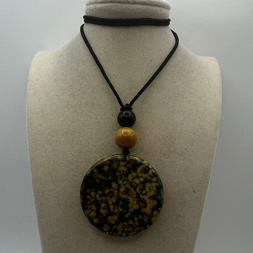 Large Round Ocean Jasper Pendant Necklace with Mookaite Jasper and Onyx on Rope - Picture 1 of 14